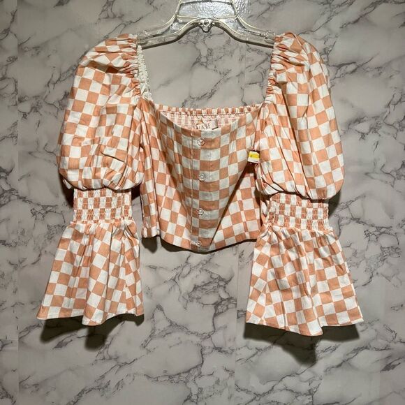 WAYF With Love Juliet Sleeve Linen Blend Blouse in Peach Checker - Picture 3 of 10